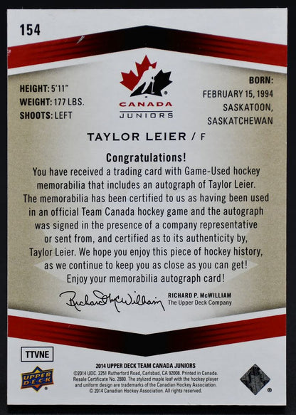 2014-15 UD Team Canada Juniors Game Worn Auto Patch Leier Auto 014/199 Patch