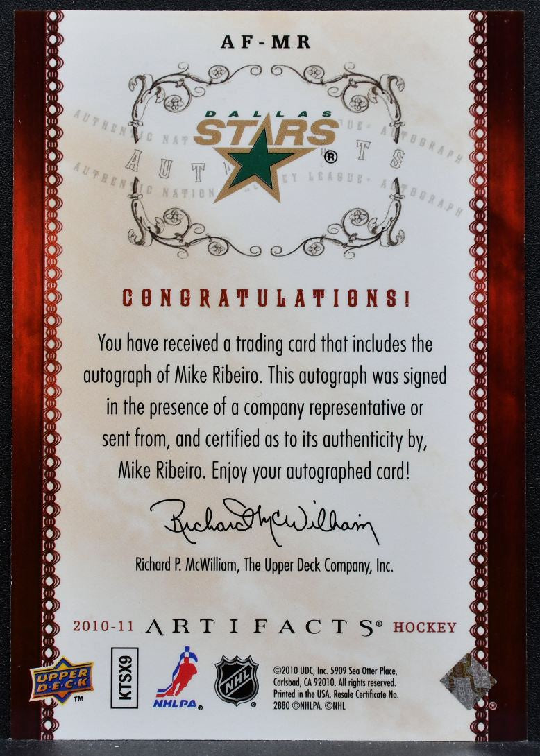2010-11 Upper Deck Artifacts Auto-Facts Mike Ribeiro AF-MR Stars Auto 9259