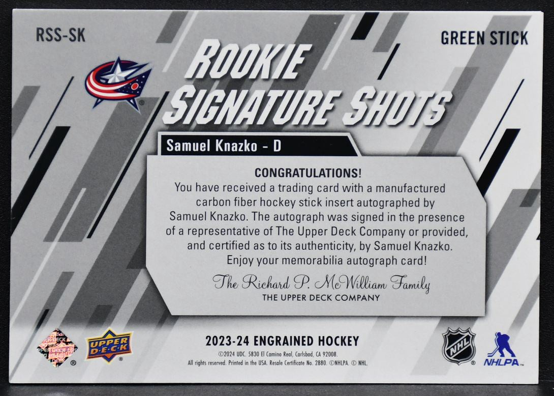 2023-24 UD Engrained Rookie Signature Shots Green Stick Samuel Knazko RSS-SK /75