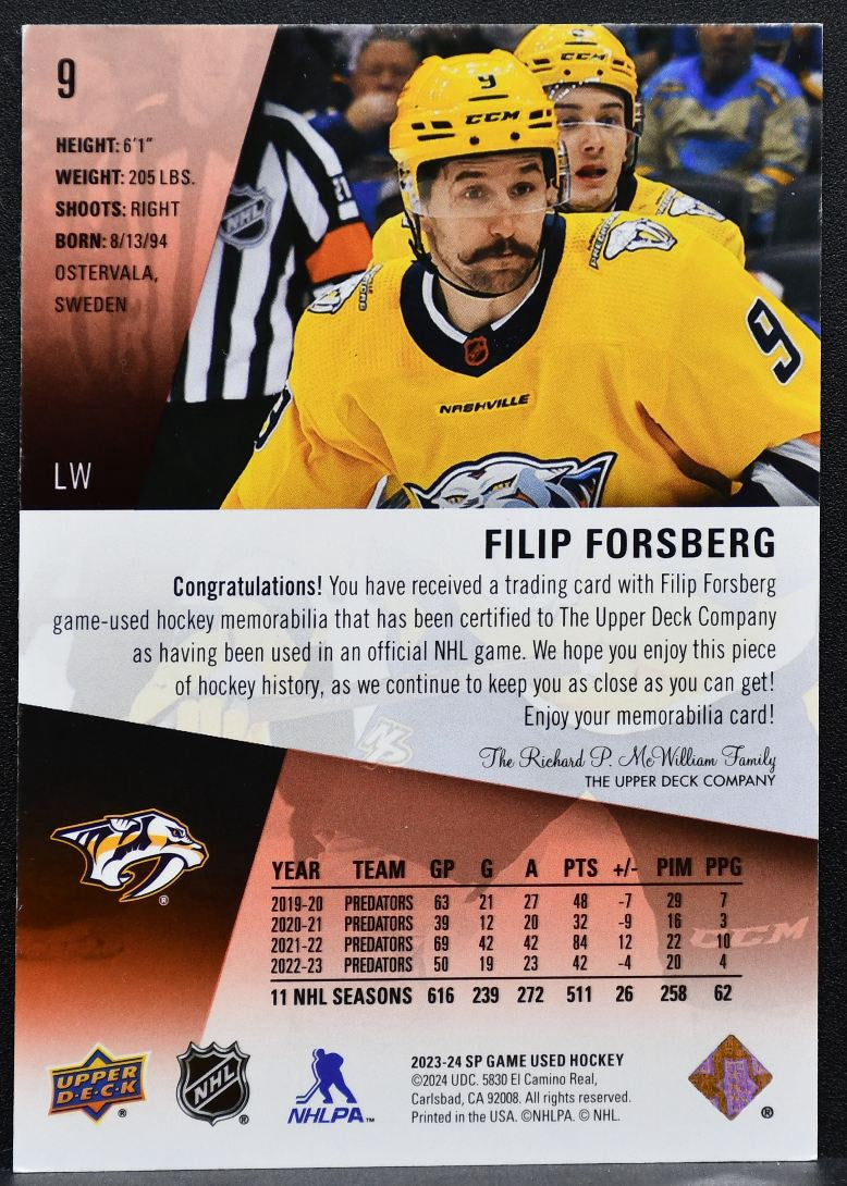 2023-24 SP Game Used Jersey Filip Forsberg 9 Nashville Predators Jersey 0387