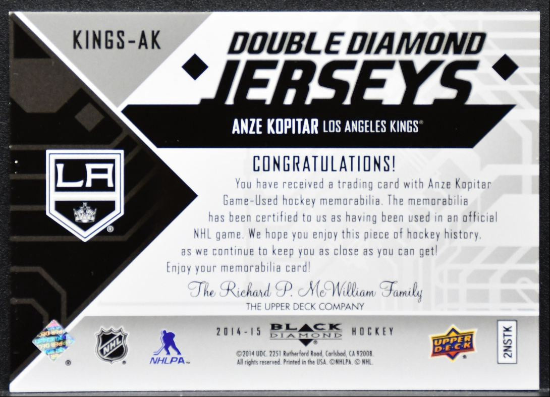 2014-15 UD Black Diamond Double Jerseys Anze Kopitar KINGS-AK Kings Jersey 4626