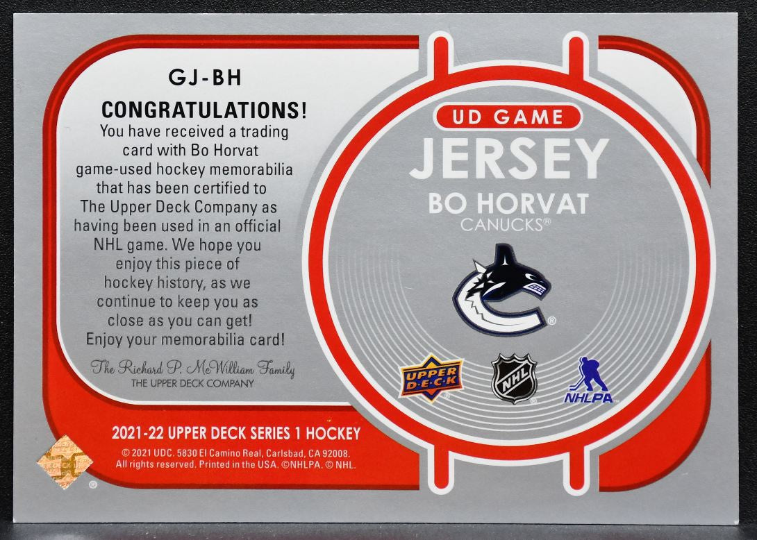 2021-22 Upper Deck Series 1 UD Game Jersey Bo Harvat GJ-BH Canucks Jersey 4430