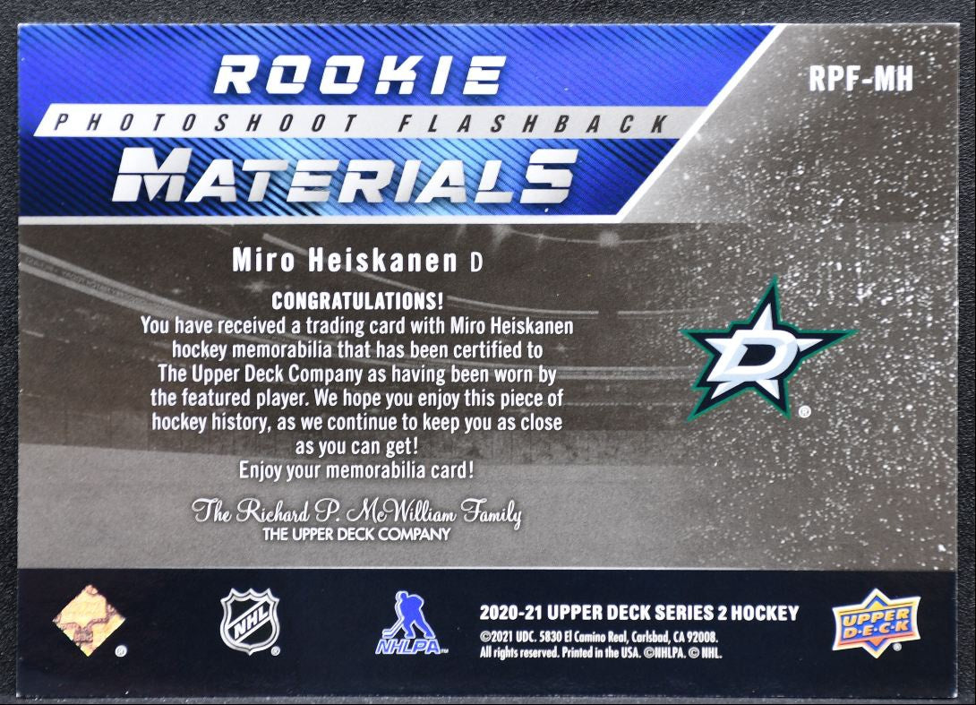 2020-21 UD Rookie Photoshoot Flashback Materials Heiskanen RC Jersey 7918
