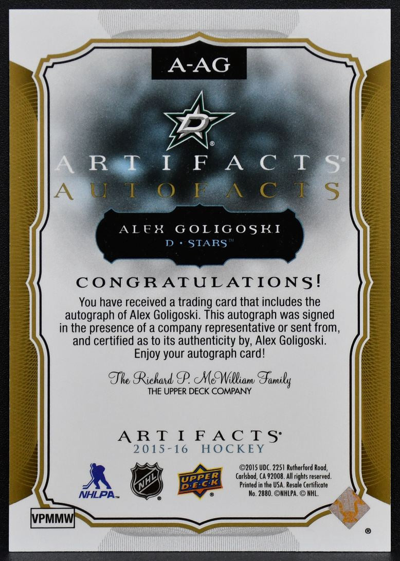 2015-16 Upper Deck Artifacts Auto Facts Alex Goligoski A-AG Stars Auto 7976