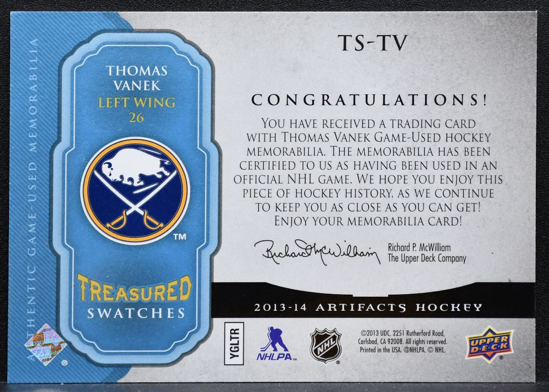 2013-14 UD Artifacts Treasured Swatches Blue Thomas Vanek Sabres Jersey 4676