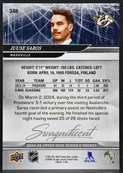 2024-25 Upper Deck Series 2 Swagnificent Juuse Saros 346 Nashville Predators 7153
