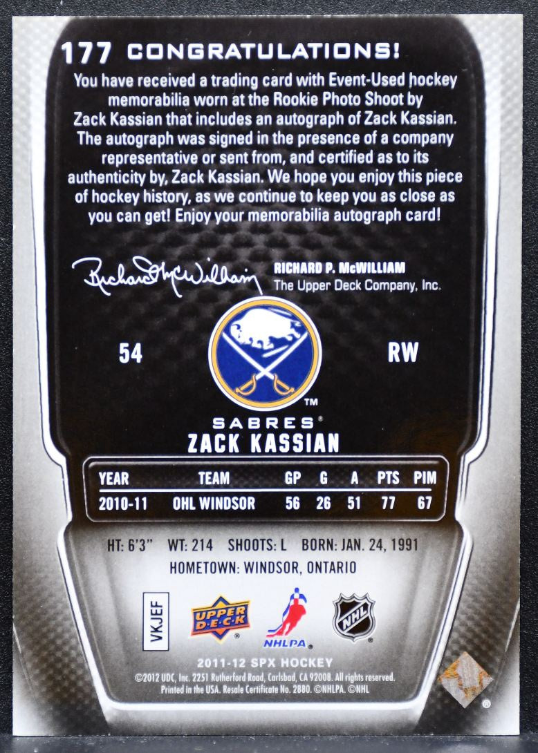 2011-12 SPx Rookie Jersey Auto Zack Kassian Sabres RC Auto 133/799 Jersey 5993