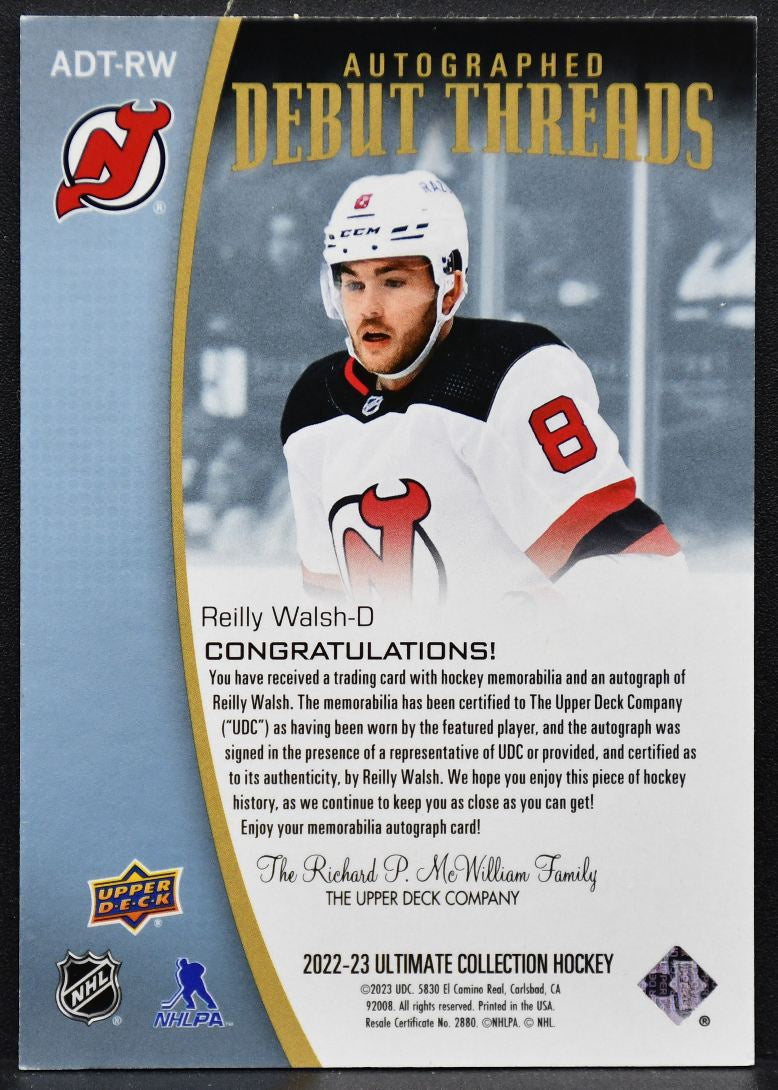 22-23 UD Ultimate Collection Auto Debut Threads Reilly Walsh Devils RC /99 Patch 5099