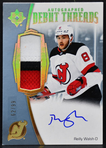 22-23 UD Ultimate Collection Auto Debut Threads Reilly Walsh Devils RC /99 Patch 5099