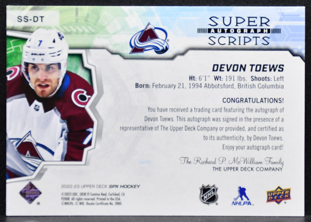 2022-23 SPx Super Scripts Devon Toews SS-DT Colorado Avalanche Auto 4958