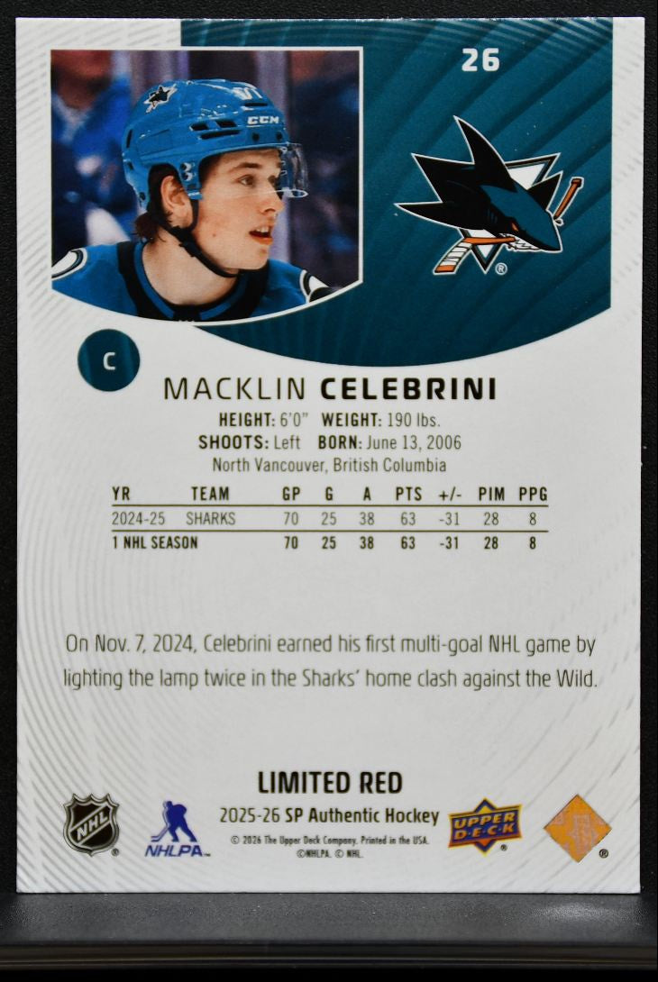 2025-26 SP Authentic Limited Red Macklin Celebrini 26 San Jose Sharks 8235