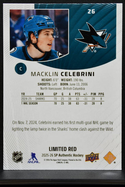 2025-26 SP Authentic Limited Red Macklin Celebrini 26 San Jose Sharks 8235