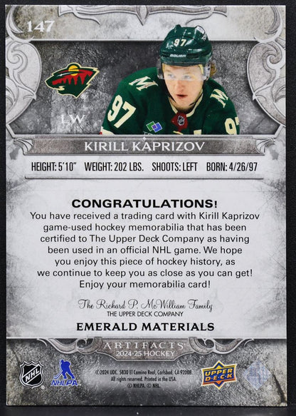 2024-25 UD Artifacts Emerald Materials Kirill Kaprizov Minnesota Wild /35 Jersey 3019