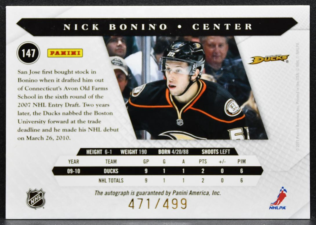 2010-11 Panini Luxury Suite Bonino 147 Anaheim Ducks RC Auto 471/499 1130