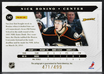2010-11 Panini Luxury Suite Bonino 147 Anaheim Ducks RC Auto 471/499 1130