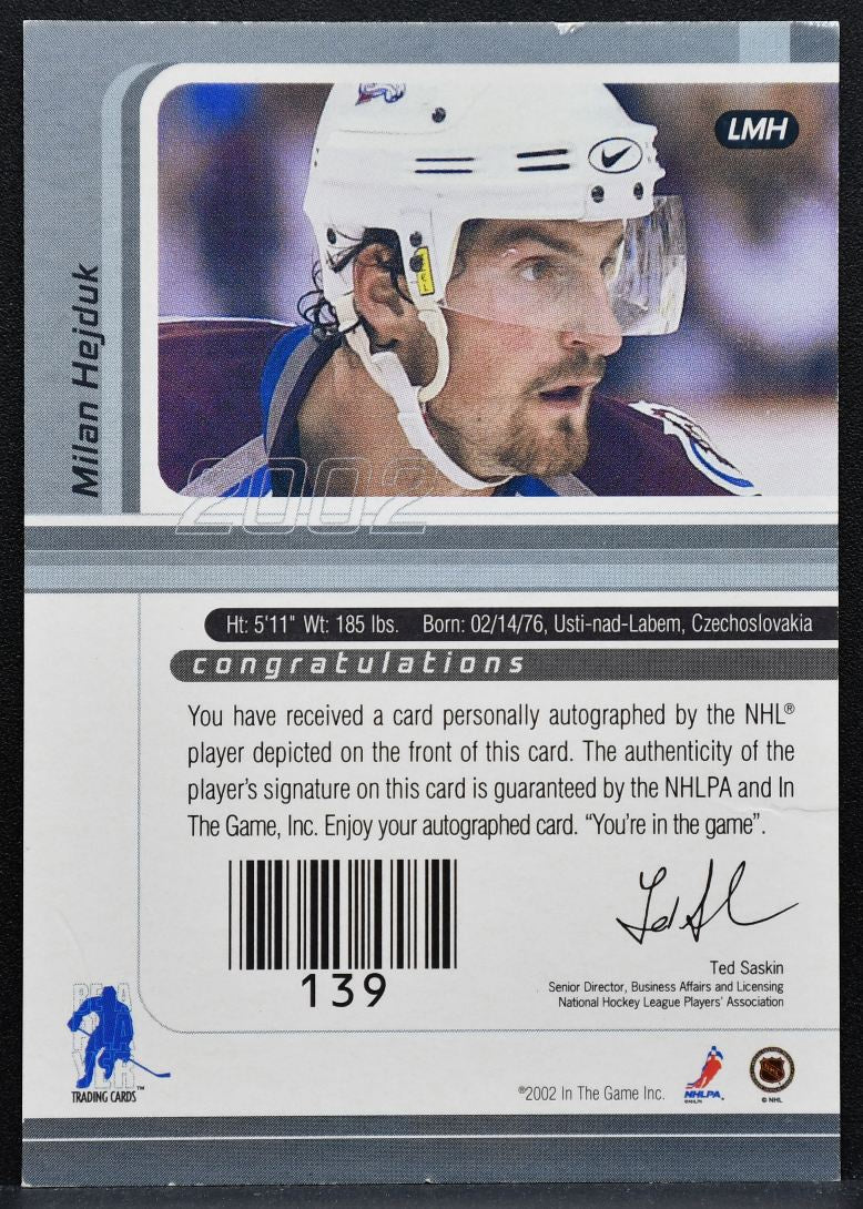 2001-02 In The Game Signature Series Auto Milan Hejduk LMH Avalanche Auto 1946