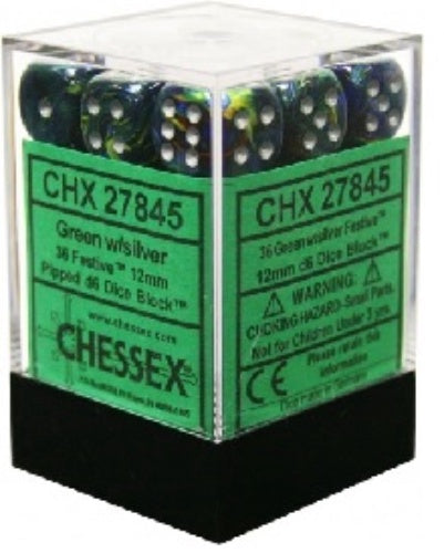 Festive 36 * D6 Green / Silver 12mm Chessex Dice (CHX27845*)