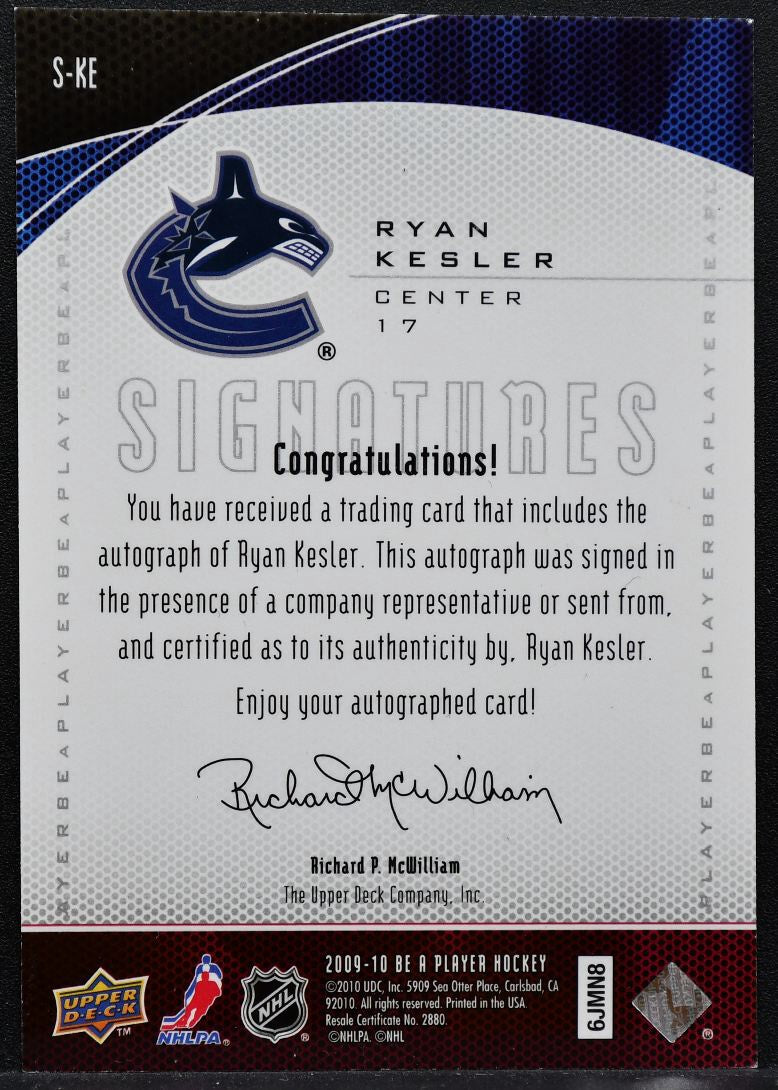 2009-10 Upper Deck Be A Player Signatures Ryan Kesler S-KE Canucks Auto 0842
