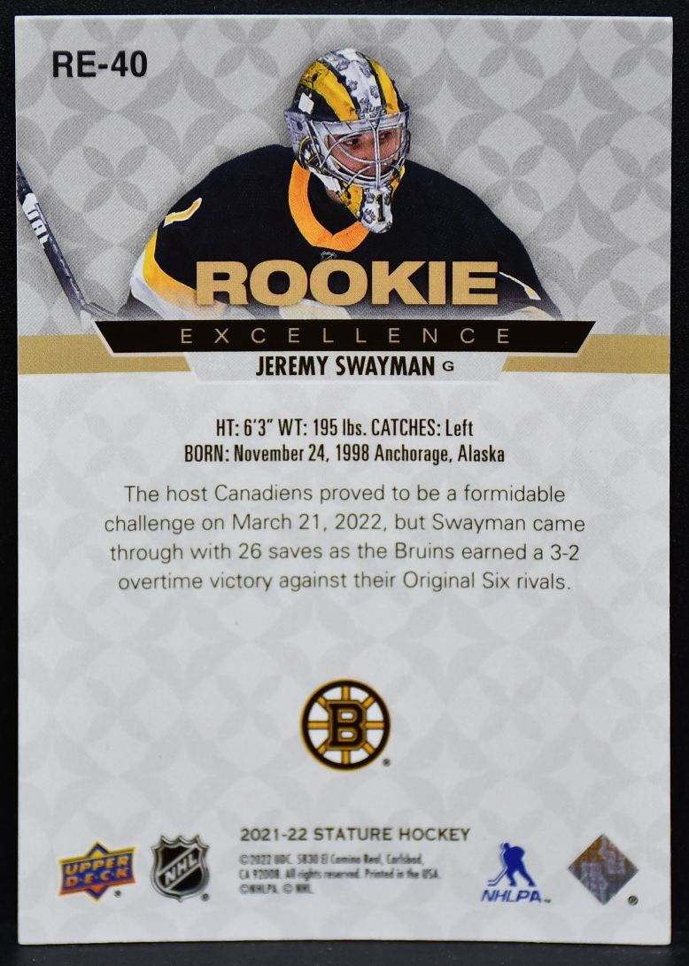2021-22 Upper Deck Stature Rookie Excellence Jeremy Swayman RE-40 Bruins RC 4333