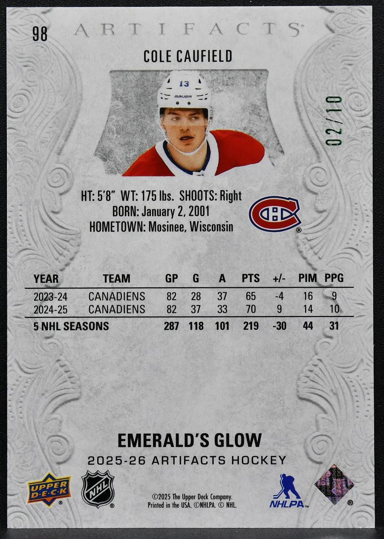 2025-26 Upper Deck Artifacts Emerald's Glow Cole Caufield 98 02/10 6322