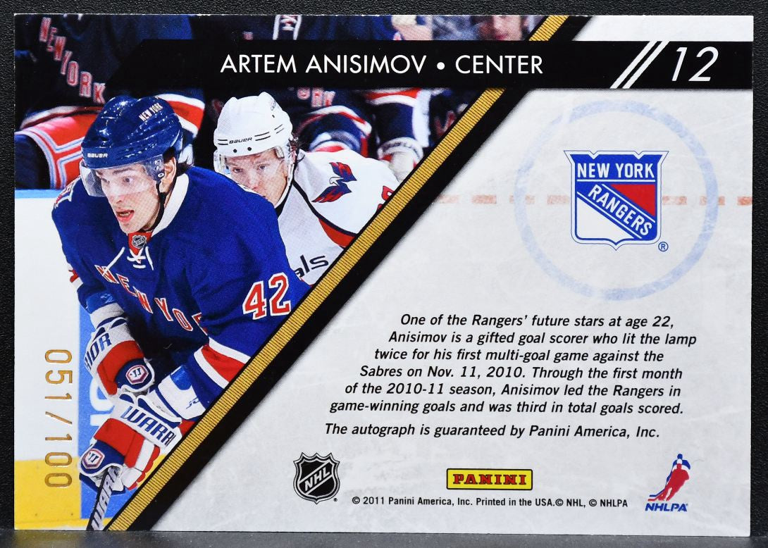 2010-11 Panini Pinnacle Pencraft Artem Anisimov 12 Rangers Auto 051/100 1670