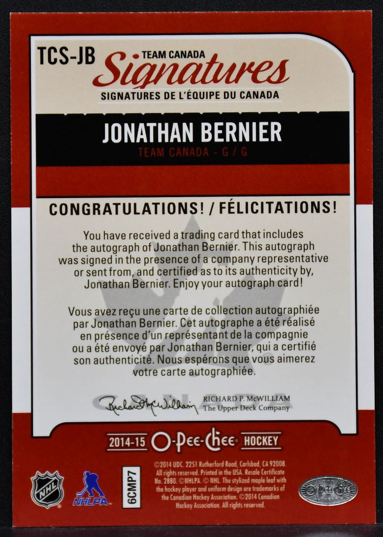 2014-15 OPC Team Canada Signatures Jonathan Bernier TCS-JB Team Canada Auto