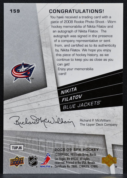 2008-09 SPx Rookies Jersey Auto Nikita Filatov RC Auto 493/999 Jersey 8445