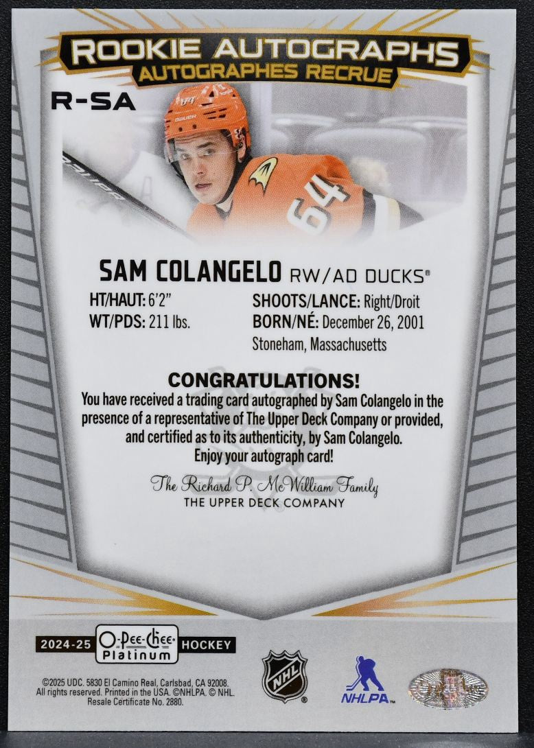 2024-25 O-Pee-Chee Platinum Rookie Auto Sam Colangelo R-SA Ducks RC Auto 8174