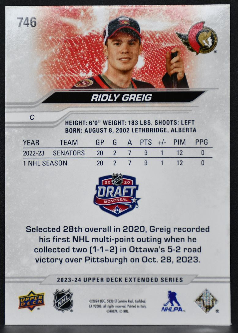 2023-24 UD Extended Seires 1st Round Rookies Ridly Greig 746 Ottawa Senators RC 2739