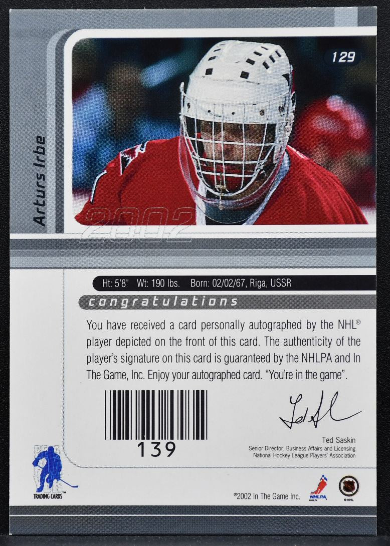 2001-02 Be a Player Signature Series Autograph Arturs Irbe Hurricanes Auto 0408