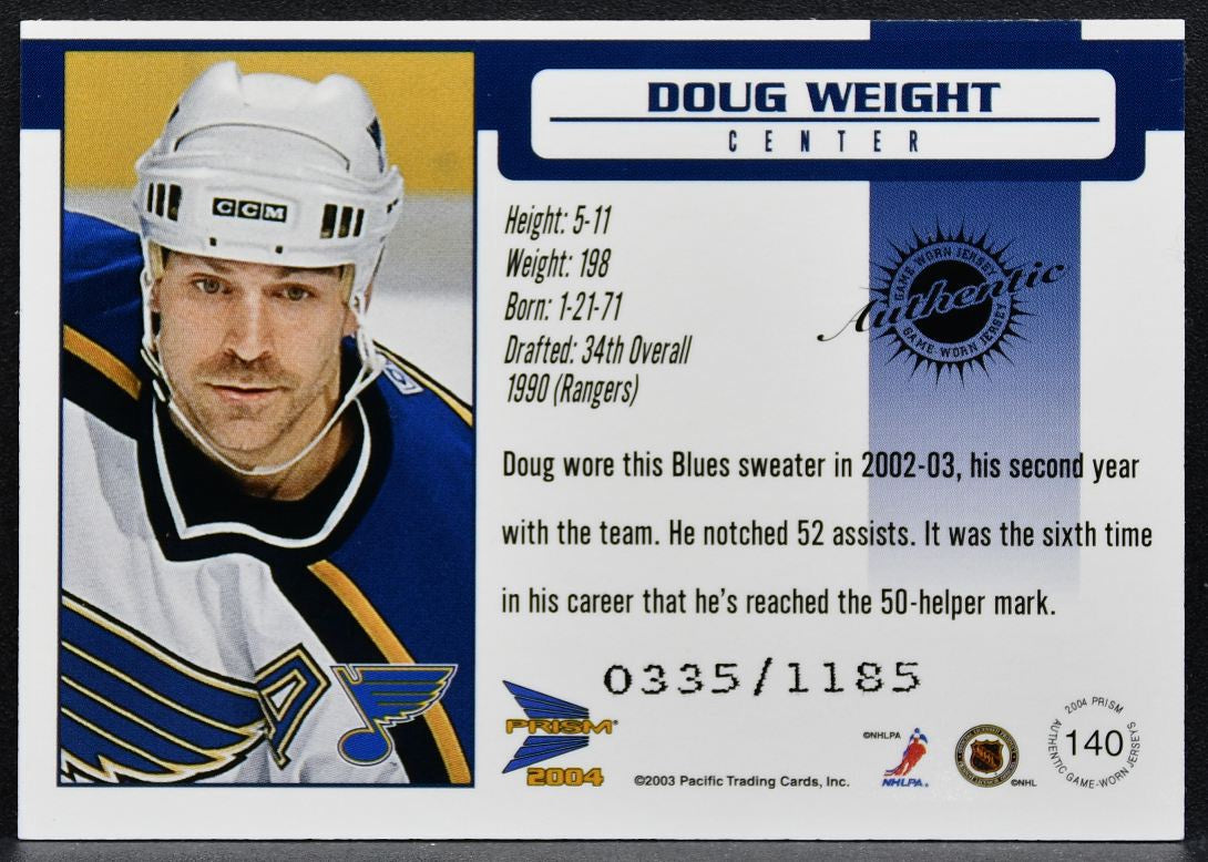 2003-04 Pacific Prism Jersey Doug Weight 140 Blues 0335/1185 Jersey 2587