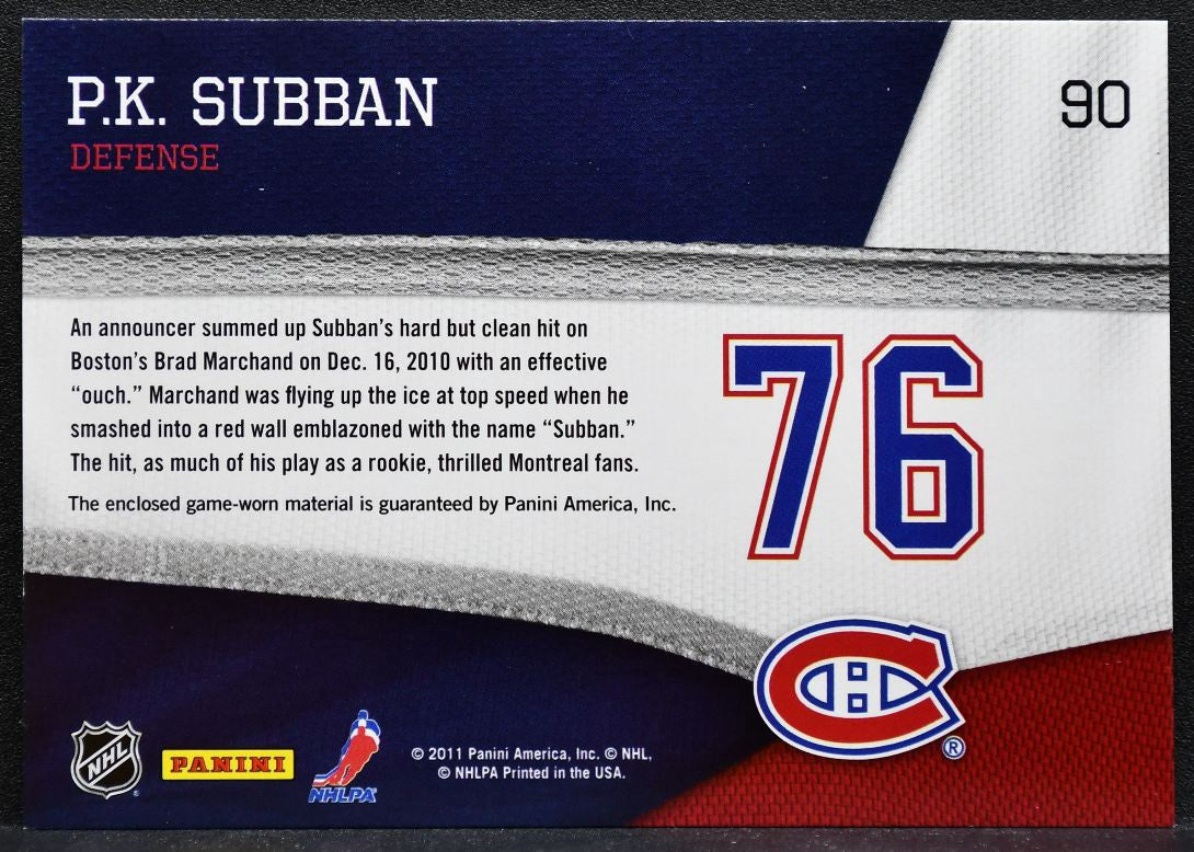 2011-12 Panini Pinnacle Threads P.K. Subban 90 Montreal Canadiens Jersey 5895