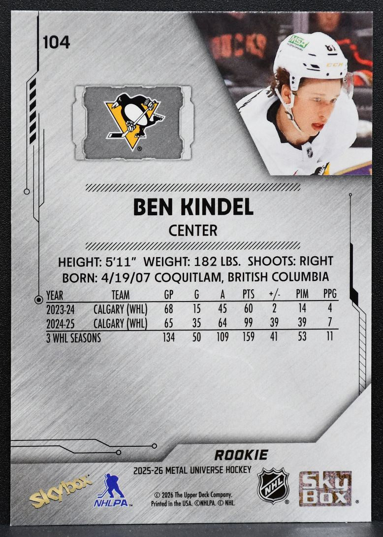 2025-26 SkyBox Metal Universe Rookie Ben Kindel 104 Pittsburgh Penguins RC 9720