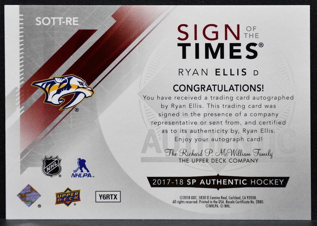 2017-18 SP Authentic Sign of the Times Ryan Ellis SOTT-RE Predators Auto 9473