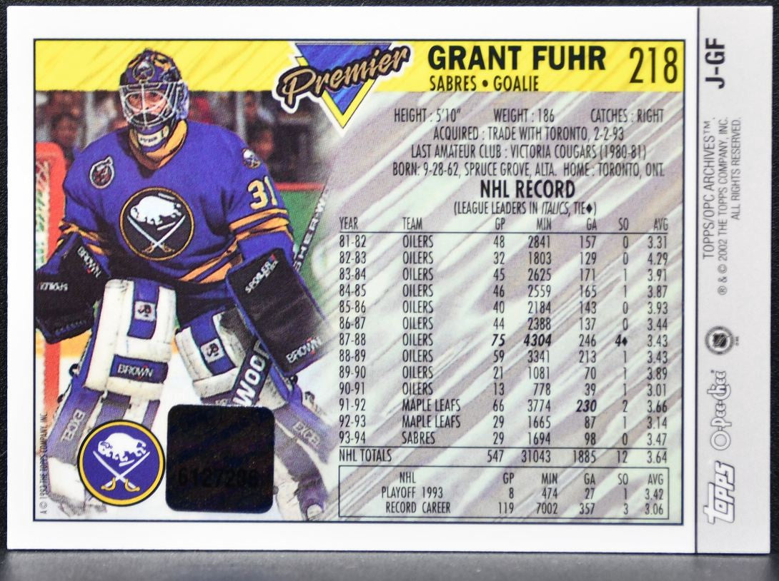2002-03 Topps/OPC Archives Jersey Grant Fuhr J-GF Jersey 1953