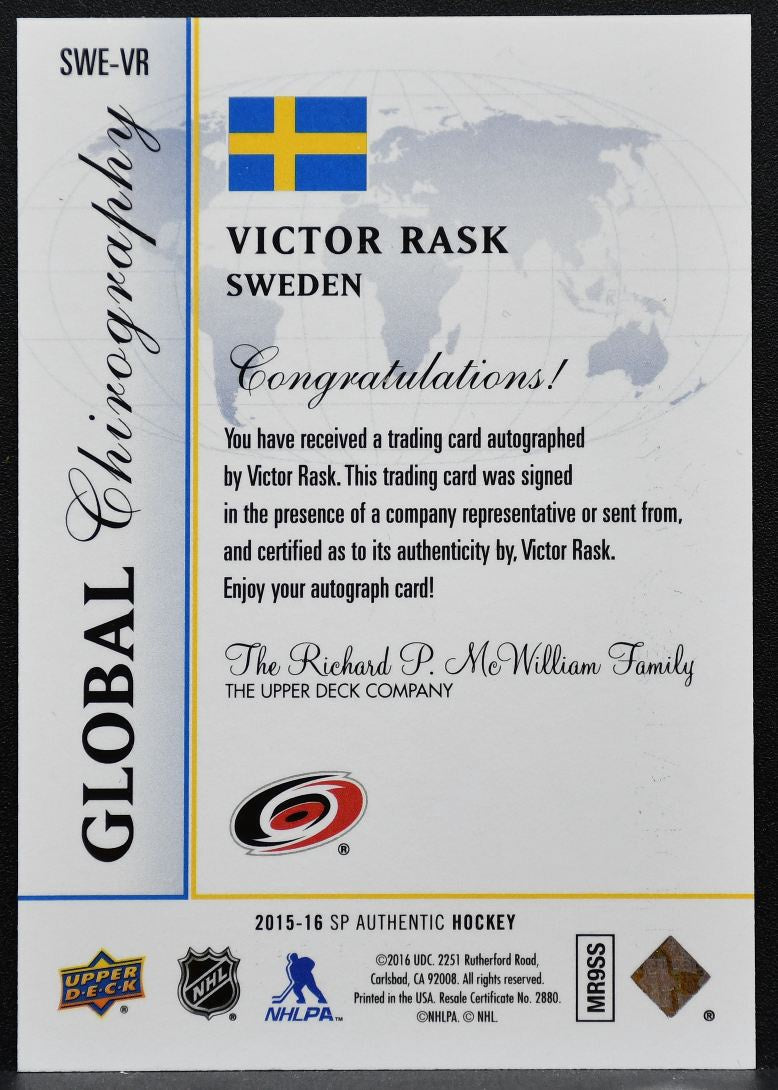 2015-16 SP Authentic Global Chirography Victor Rask SWE-VR Hurricanes Auto 8353