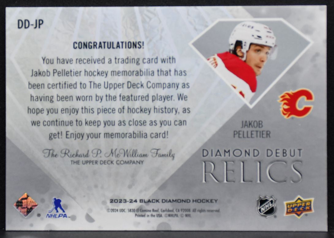 2023-24 Upper Deck Black Diamond Debut Relics Jakob Pelletier RC Jersey 8692