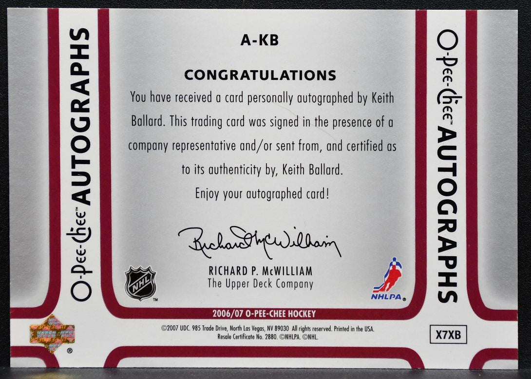 2006-07 O-Pee-Chee Autographs Keith Ballard A-KB Phoenix Coyotes Auto 1209