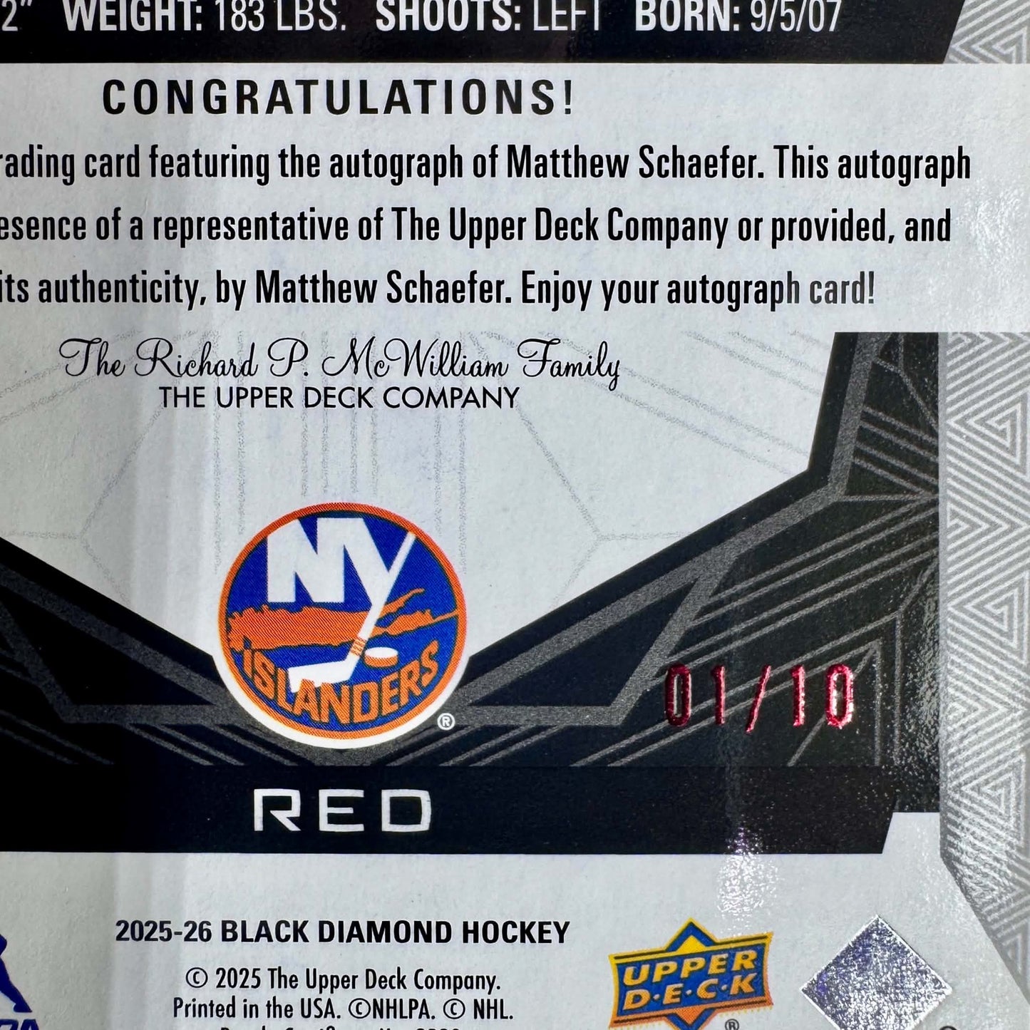 UD Matthew SCHAEFER Rookie Gems Auto New York 01/10 2025-26 Black Diamond