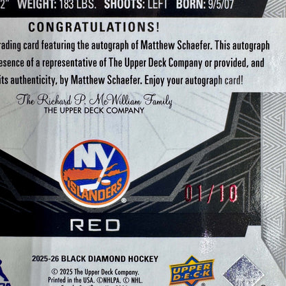 UD Matthew SCHAEFER Rookie Gems Auto New York 01/10 2025-26 Black Diamond