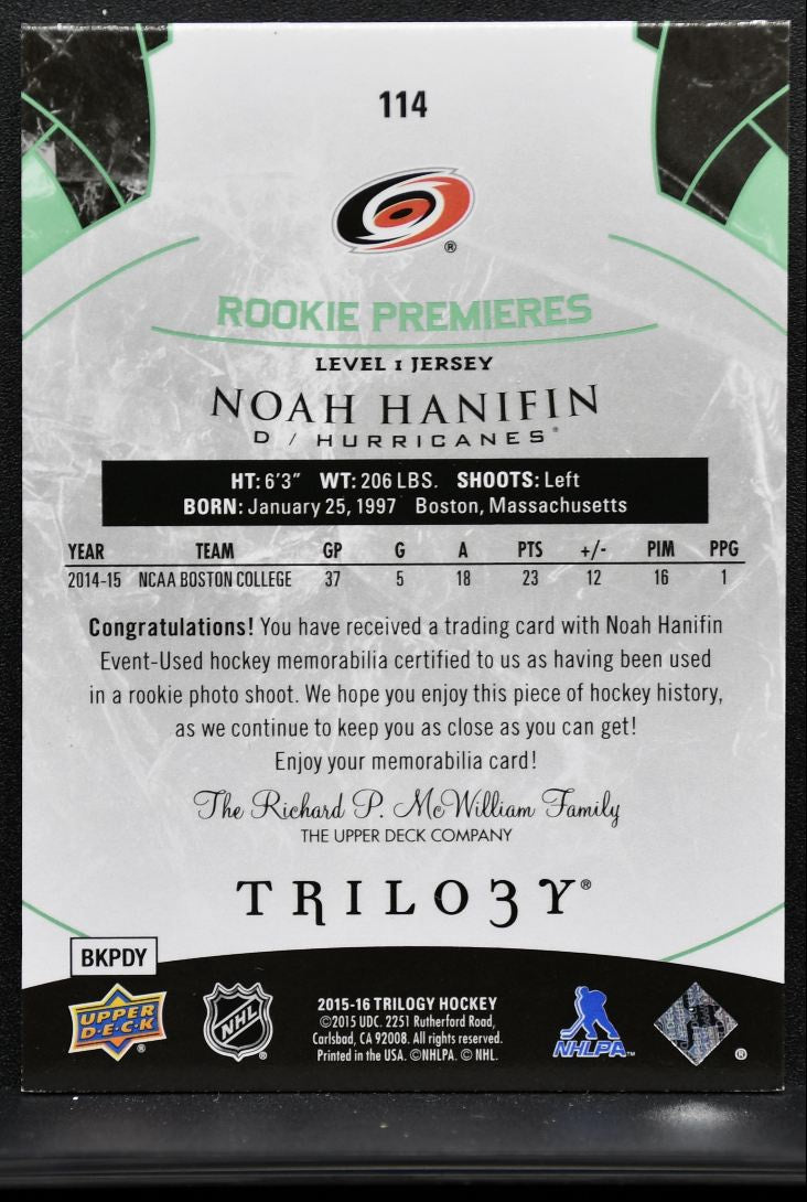 2015-16 UD Trilogy Rookie Premieres Green Foil Jersey Hanifin RC Jersey 3576