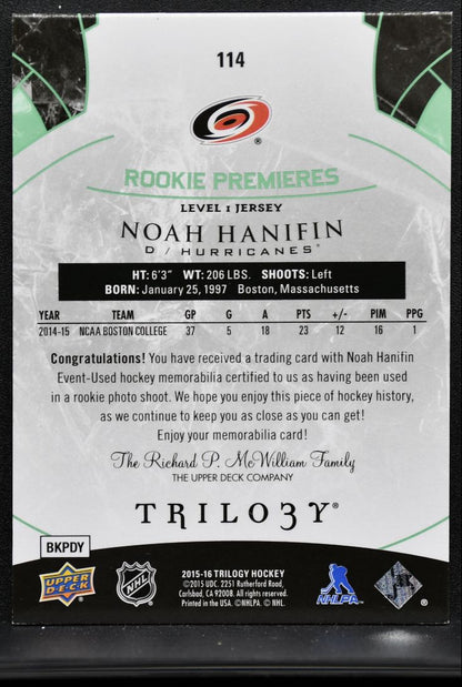 2015-16 UD Trilogy Rookie Premieres Green Foil Jersey Hanifin RC Jersey 3576