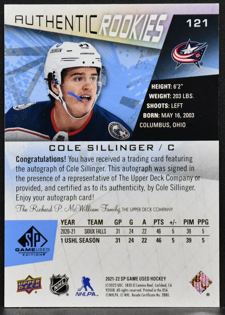 2021-22 SP Game Used Authentic Blue Auto Cole Sillinger 121 RC Auto