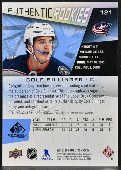 2021-22 SP Game Used Authentic Blue Auto Cole Sillinger 121 RC Auto