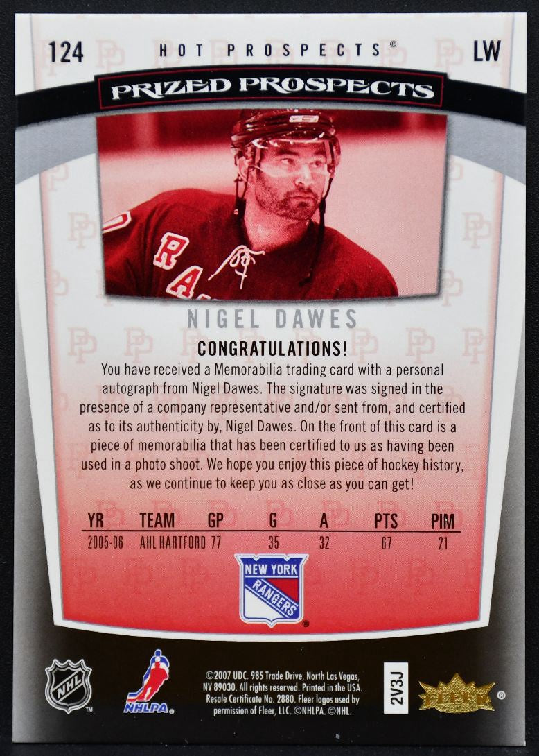 2006-07 Fleer Hot Prospects Prized Dawes Rangers RC Auto 168/599 Patch 0263