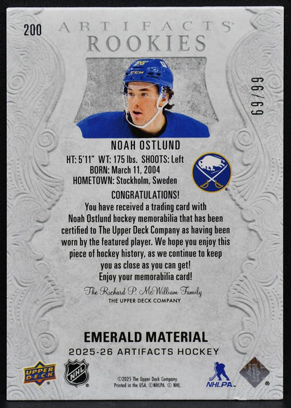 2025-26 UD Artifacts Emerald Material Ostlund 200 Sabres RC 69/99 Patch 3152