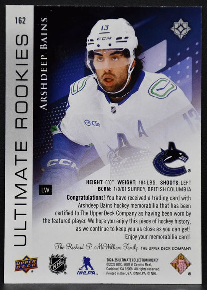 24-25 UD Ultimate Collection RCs Jersey Arshdeep Bains Canucks RC /499 Jersey 2592