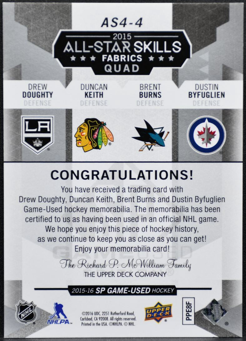 2015-16 SP GU 2015 ASG Fabrics Quads Doughty/Keith/Burns/Byfuglien Jersey 0184