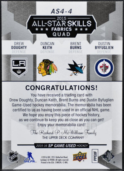 2015-16 SP GU 2015 ASG Fabrics Quads Doughty/Keith/Burns/Byfuglien Jersey 0184
