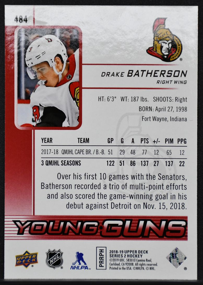 2018-19 UD Series 2 Exclusives YG Drake Batherson 484 Ottawa Senators RC 043/100 2586